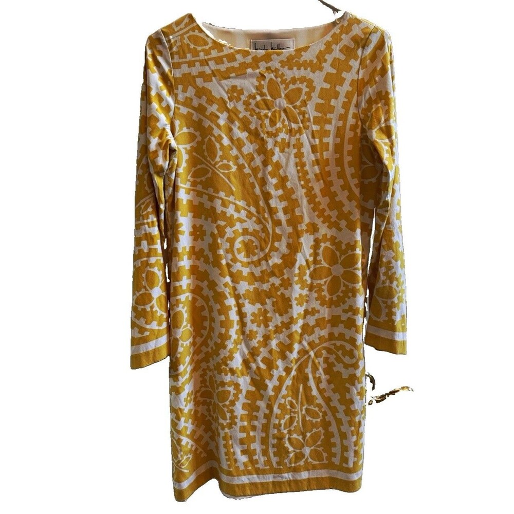 Nicole Miller Collection Yellow White Geometric Shift Dress Boat Neck Silk S